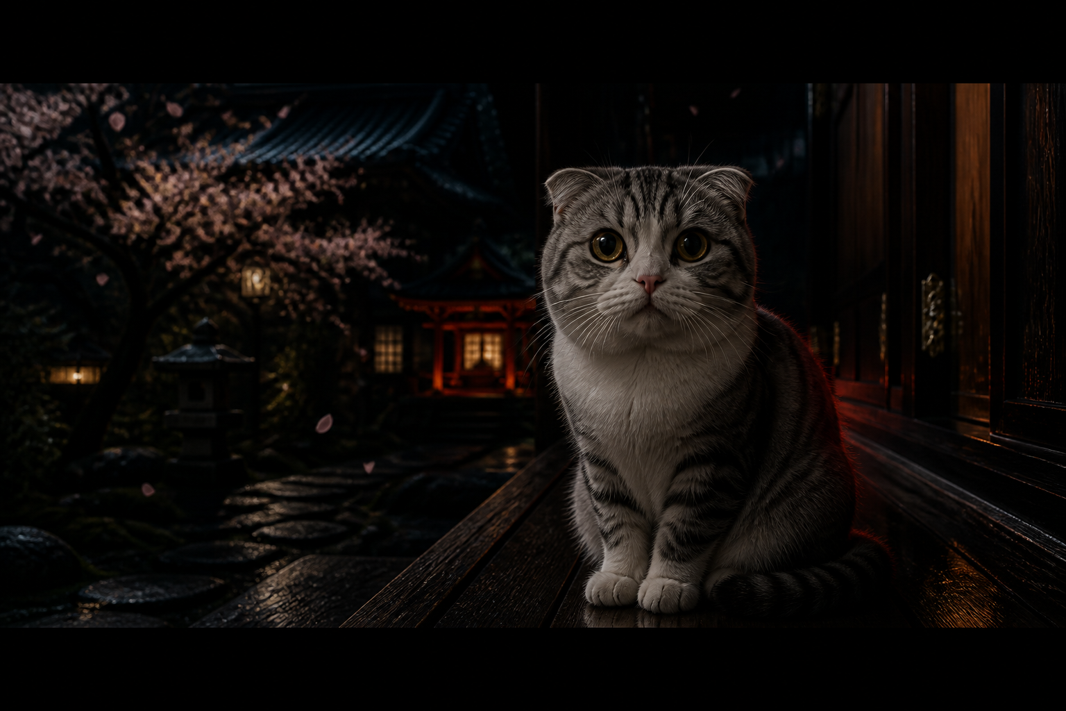 Mochimaru on a night engawa under shrine light